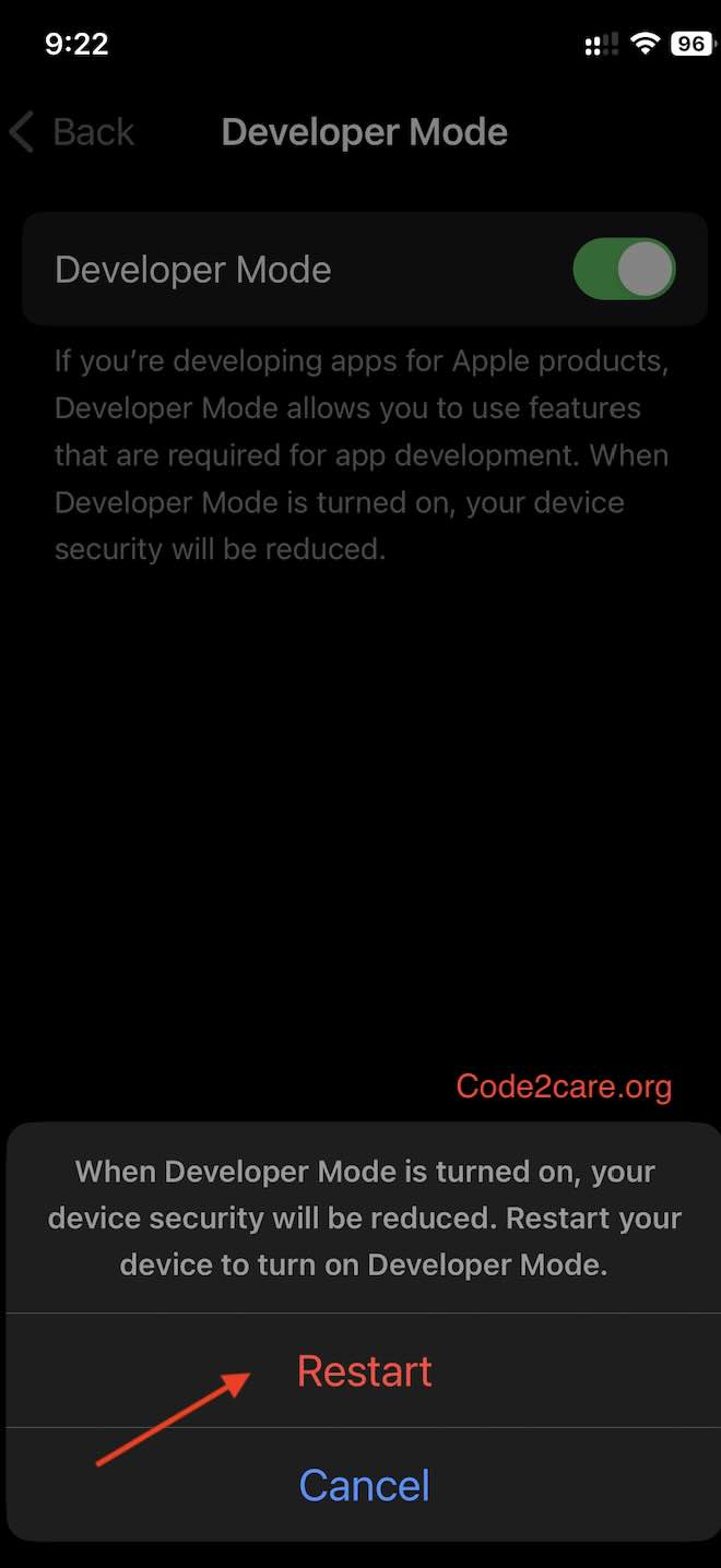 Restart iPhone to Enable Developers Mode